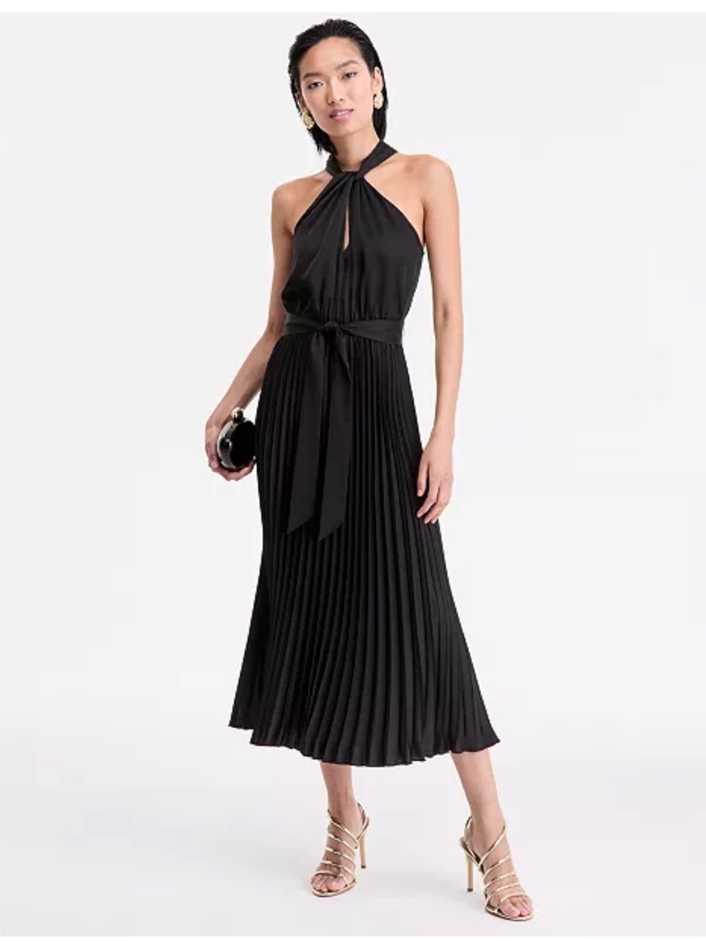 Black Halter Pleated Midi Dress with Waist Tie